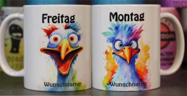 Weiße Tasse mit Spruch Vögel Montag (lachend) Freitag (Traurig)